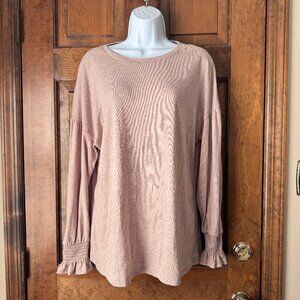 NWT MIHOLL Tan Marl Pullover w/Drop Shoulders & Smocked Ruffled Cuffs Large